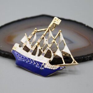 Sailboat boat pin brooch pendant necklace jewelry fashion blue gold tone water
